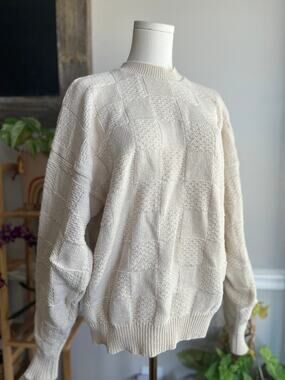 Vintage 80s Fisherman Sweater Creamy White Patchwork Cotton Knit Size Large